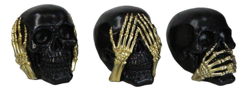 Set Of 3 Gothic Black See Hear Speak No Evil Skulls Gold Bone Hands Figurines