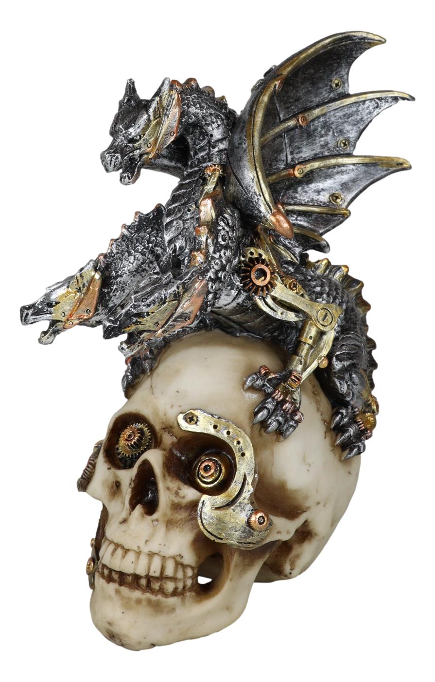 Steampunk Cyborg Skull with Perching Robotic Silver Hydra Dragon Figurine