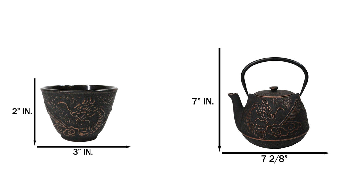 Bronze Oriental Dragon Design Tetsubin Cast Iron Teapot 33oz And 4 Tea Cups Set