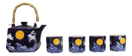 Purple Blue Night Moon White Rabbit Ceramic Hexagonal Teapot With 4 Tea Cups Set