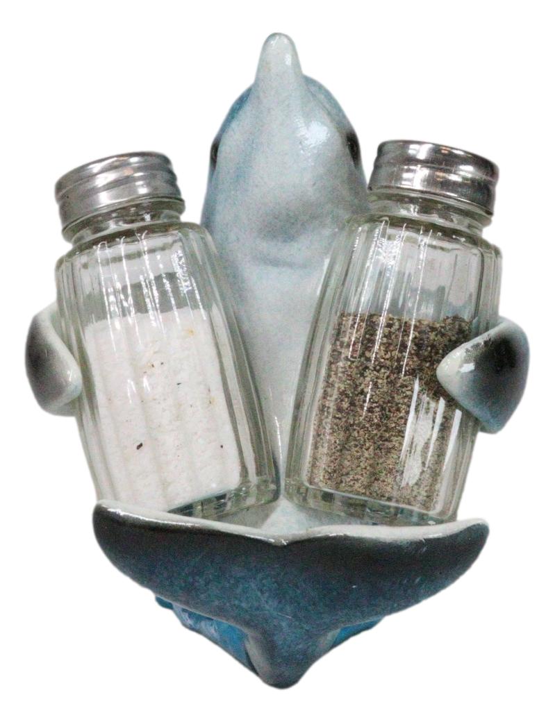 Ocean Marine Blue Dolphin Riding Sea Waves Salt And Pepper Shakers Holder Set