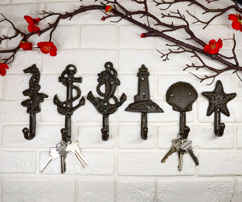 Pack of 6 Cast Iron Marine Sea Horse Anchor Lighthouse Starfish Shell Wall Hooks