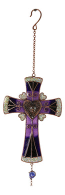 Purple Floral Scroll Hearts Christian Cross Art Glass Metal Resonant Wind Chime