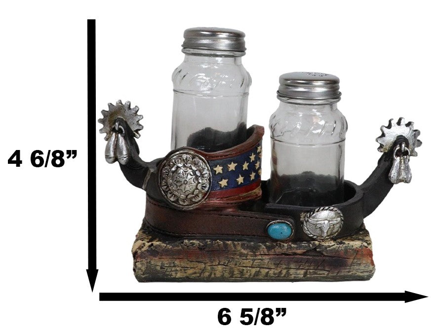 Western Cowboy Boot Spurs USA Flag Conchos Faux Leather Salt Pepper Shakers Set - Ebros Gift