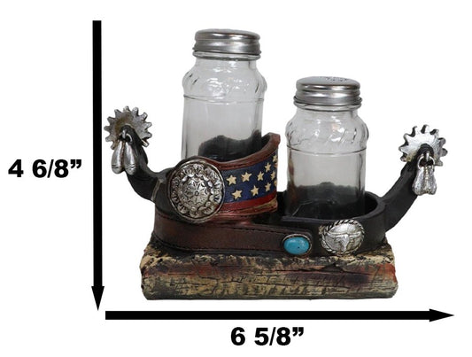 Western Cowboy Boot Spurs USA Flag Conchos Faux Leather Salt Pepper Shakers Set - Ebros Gift