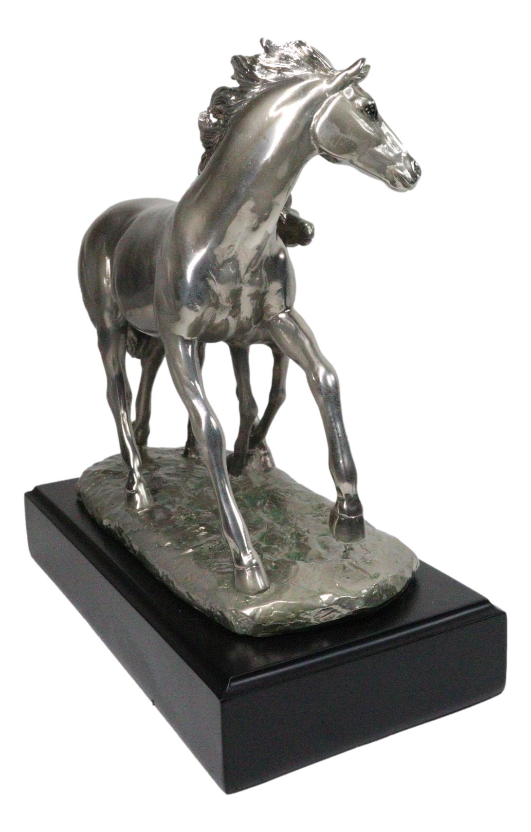 Western Horse and Foal Chrome Electroplated Resin Figurine With Museum Base