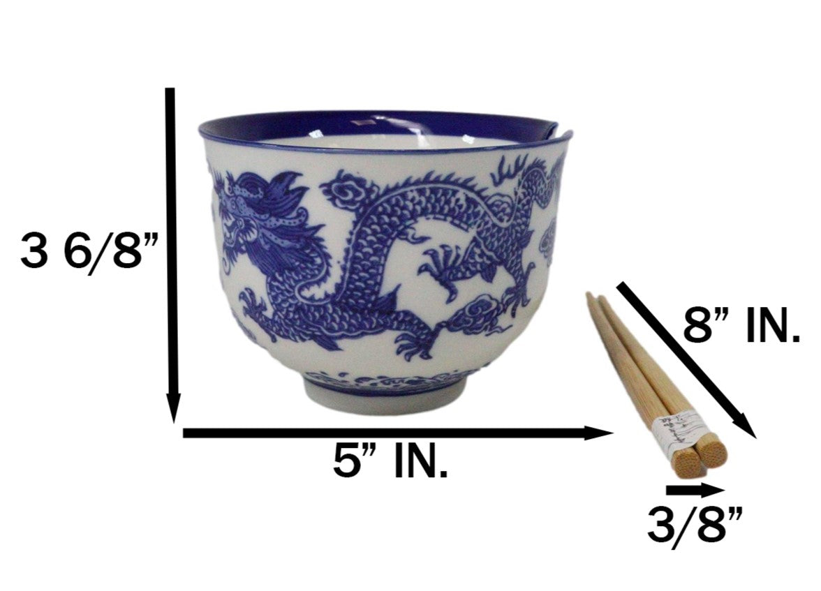 Blue White Oriental Dragon King Ceramic Donburi Ramen Bowl With Chopsticks Set - Ebros Gift