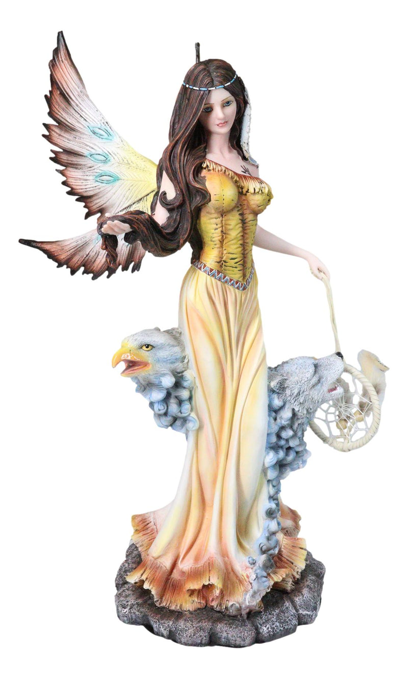 Large Tribal Native Indian Fairy Dreamcatcher with Eagle and Wolf Figurine 18"H