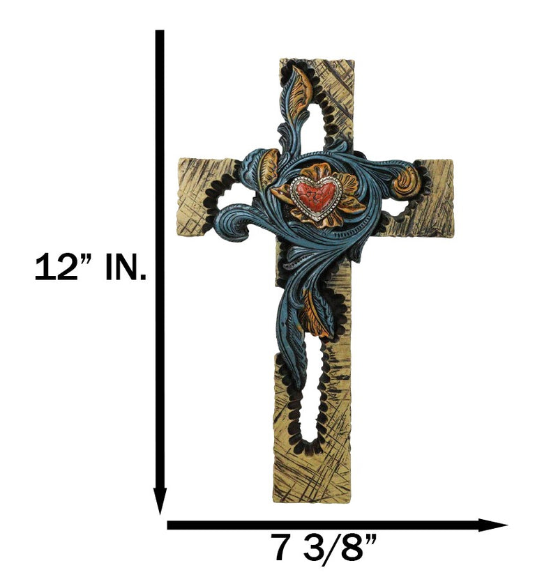 Rustic Southwest Faux Wooden Turquoise Flowers And Red Heart Wall Cross Cutout