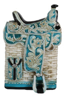 Rustic Western Turquoise Cowboy Horse Saddle With Floral Design Coin Piggy Bank