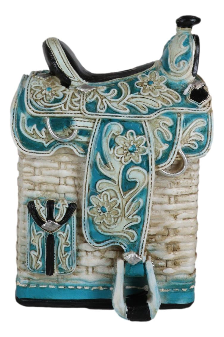 Rustic Western Turquoise Cowboy Horse Saddle With Floral Design Coin Piggy Bank