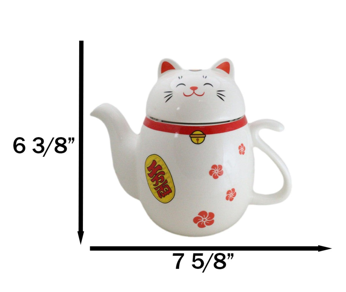 Japanese Maneki Neko Lucky Beckoning Cat Ceramic Tea Pot With Metal Strainer - Ebros Gift