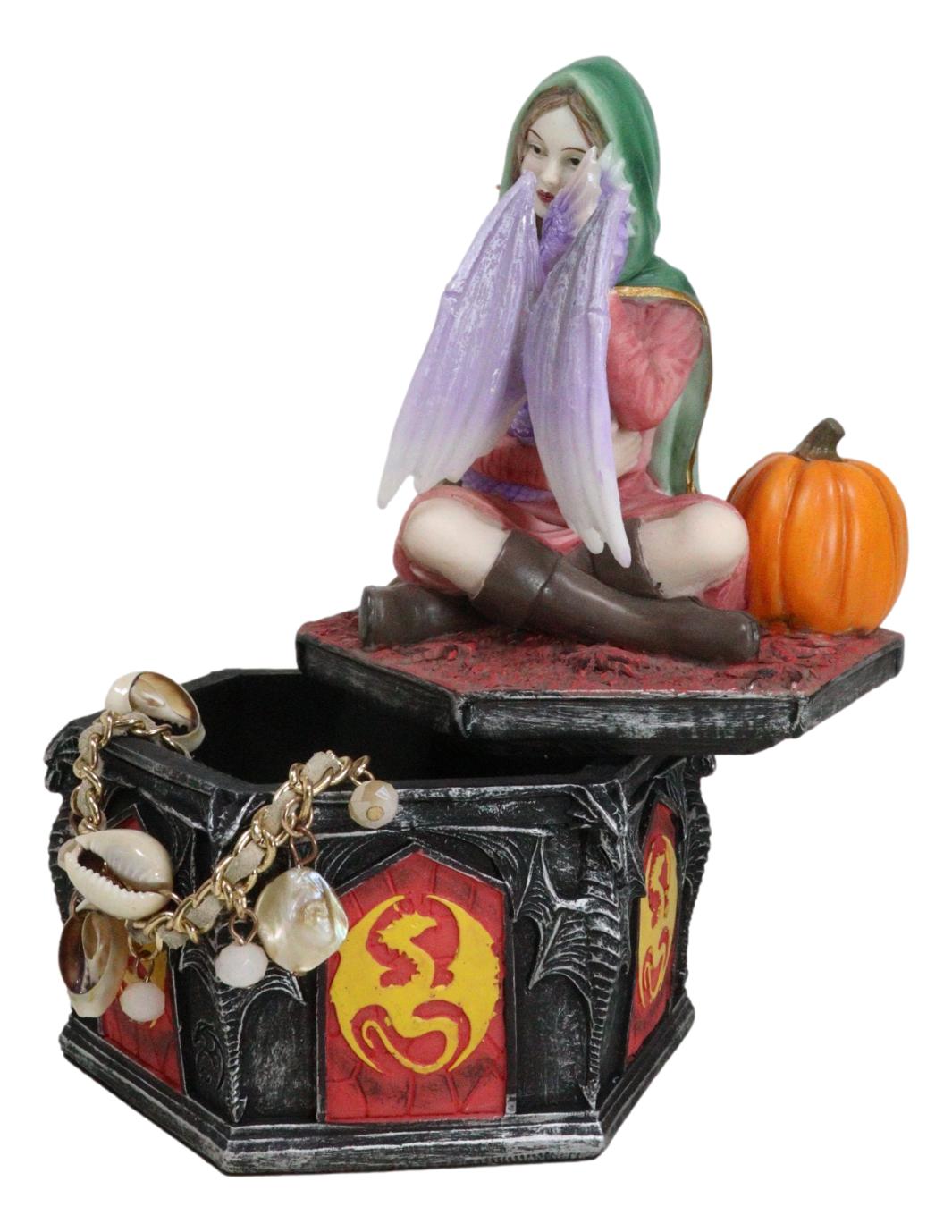 Fantasy Four Seasons Fall Friendship Fairy With Dragon Decorative Box Figurine