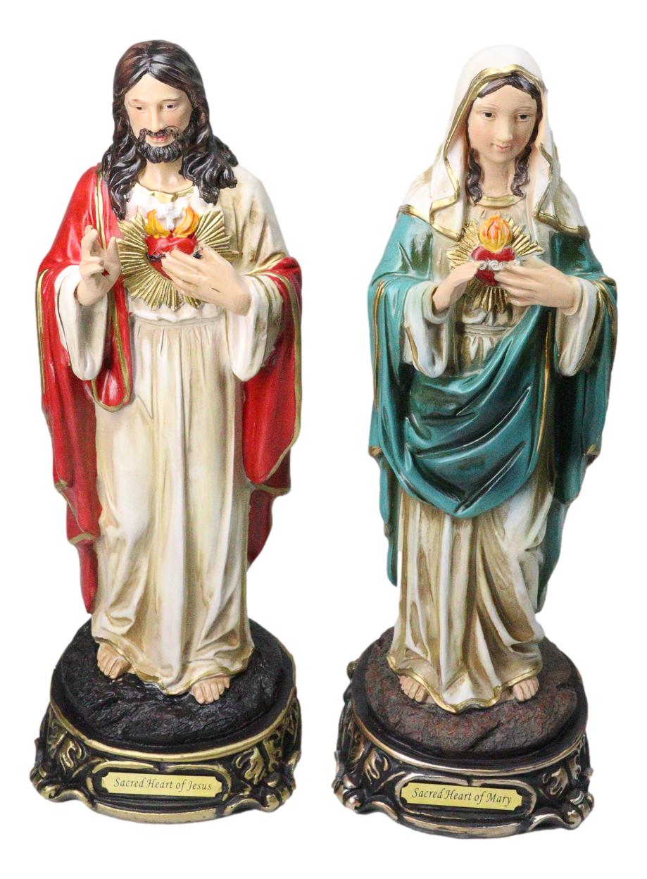 Catholic Sacred Heart of Mary and Jesus Christ Statue Set of 2 With Name Base