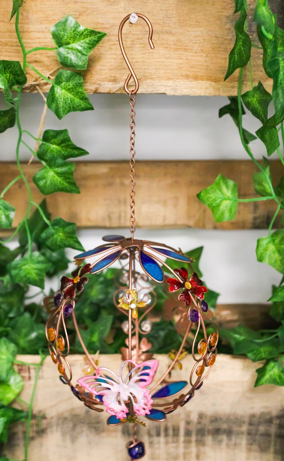 Monarch Butterflies by Floral Garden Globe Art Glass Gemstones Metal Wind Chime