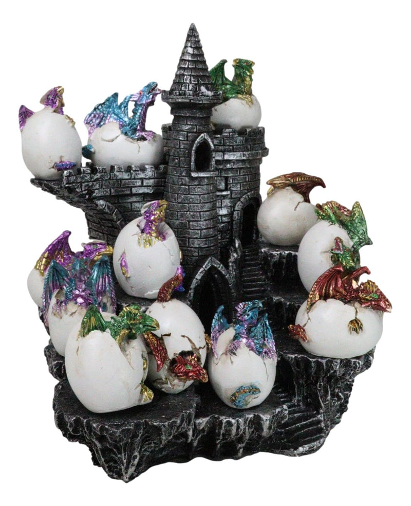 Medieval 12 Mini Dragons In Eggs On Mountain Stonewall Castle Display Stand Set