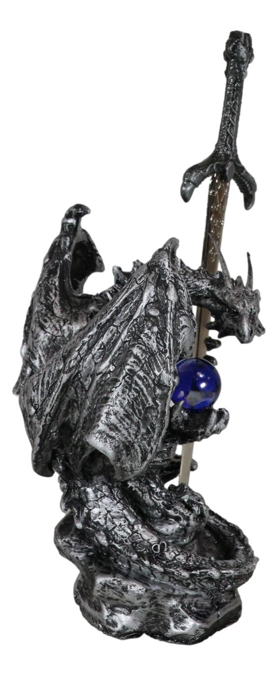Legendary Silver Sorcerer Dragon Carrying Orb and Sword Letter Opener Figurine