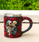Red Rose Heart Motif Gothic Skeleton Couple Kissing Resin Coffee Cup Mug