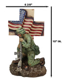 Military War Hero Soldier With Rifle By American Flag Cross Memorial Figurine