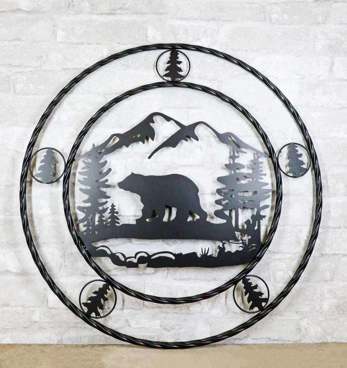 24"Dia Rustic Western Black Bear By Mountains Pine Forest Metal Wall Circle Sign - Ebros Gift