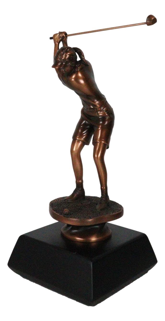 Professional Lady Golfer Swinging Golf Club On A Tee Bronze Electroplated Statue