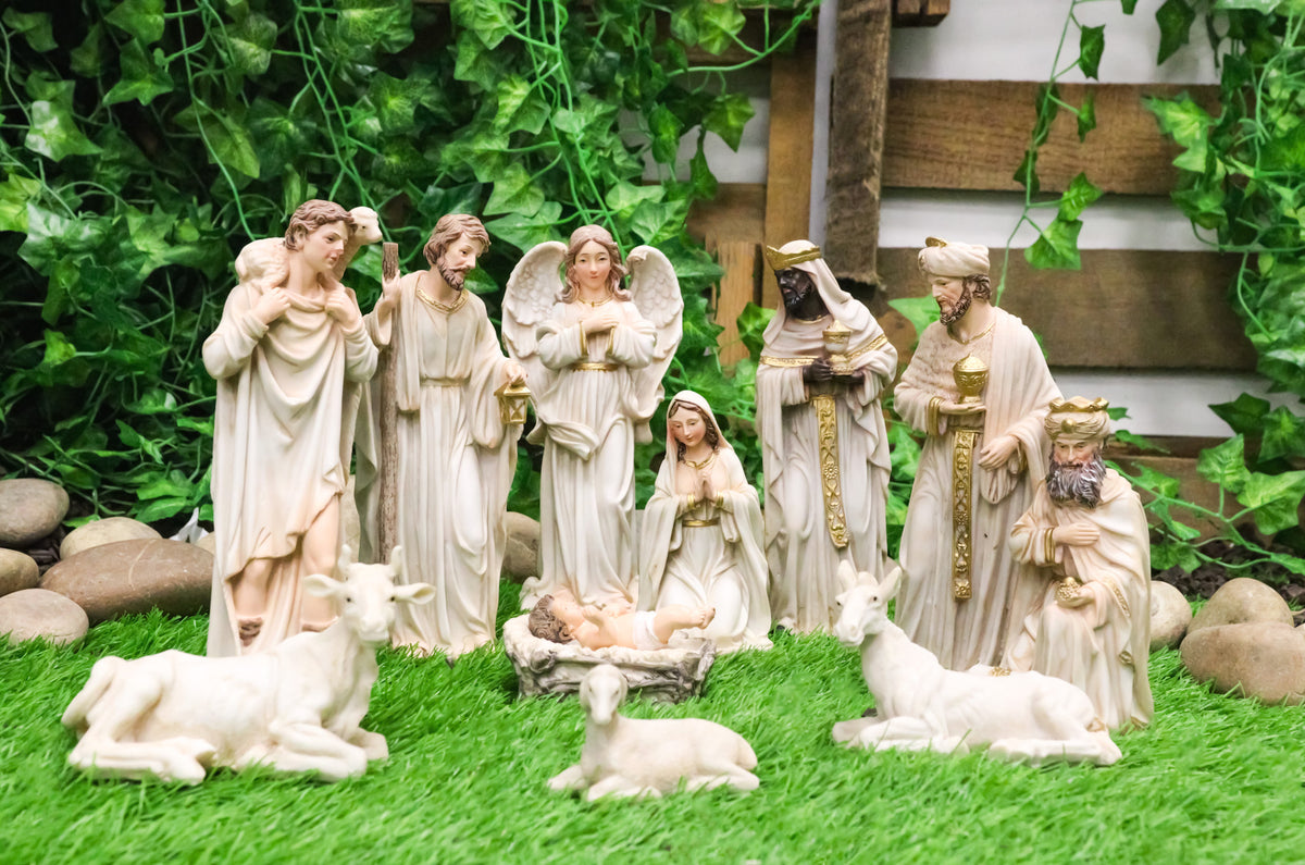Christmas Nativity Mary Joseph Jesus Wise Men Angel 11 Pc Figurines Off White 8"