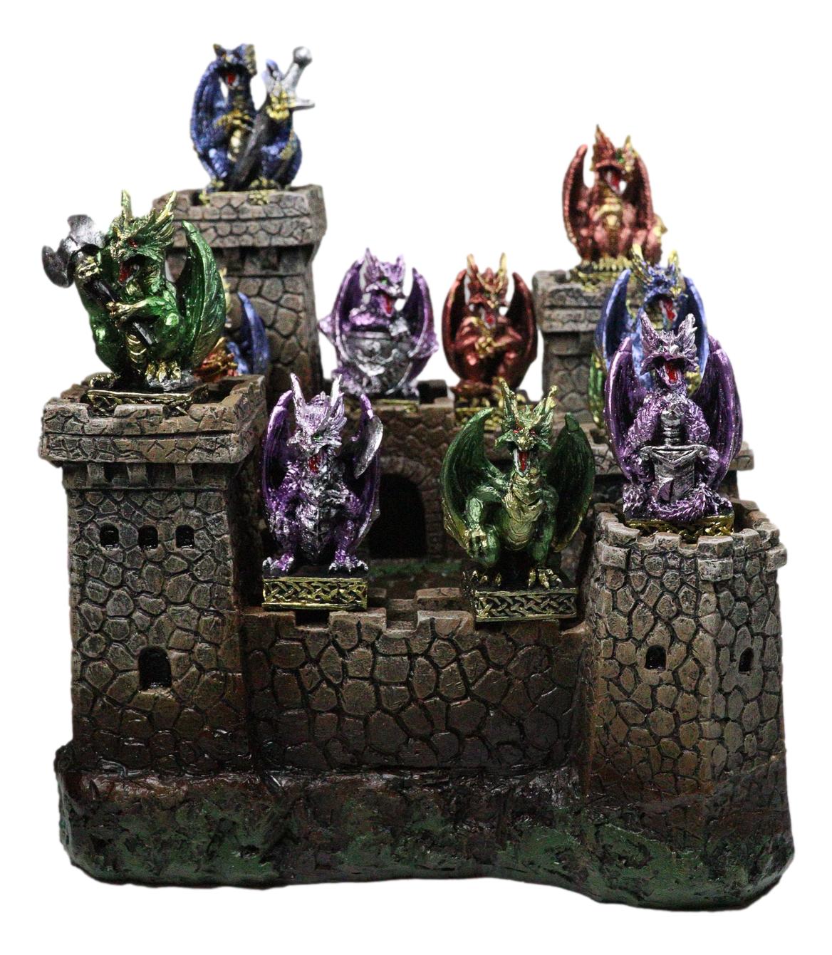 Medieval Grand Stonewall Castle Gatehouse With 12 Miniature Dragons Figurine Set