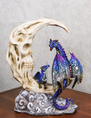 Blue Dragon With Baby Wyrmling Perching On Bone Skull Crescent Moon Figurine