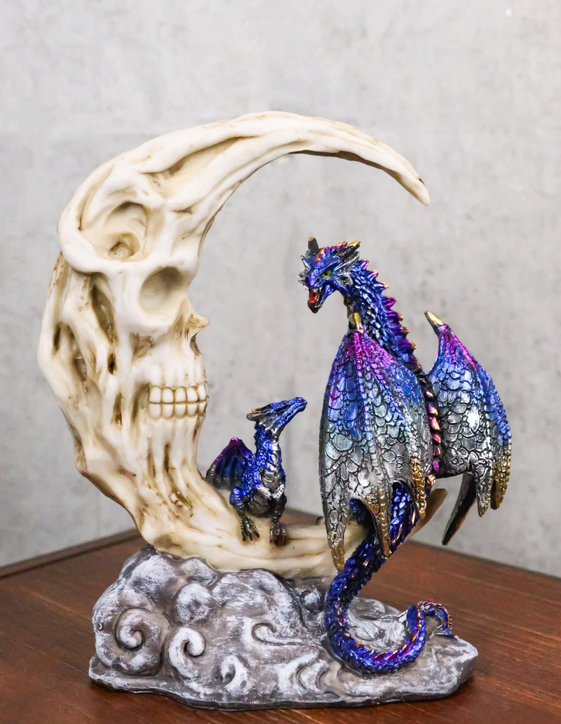 Blue Dragon With Baby Wyrmling Perching On Bone Skull Crescent Moon Figurine