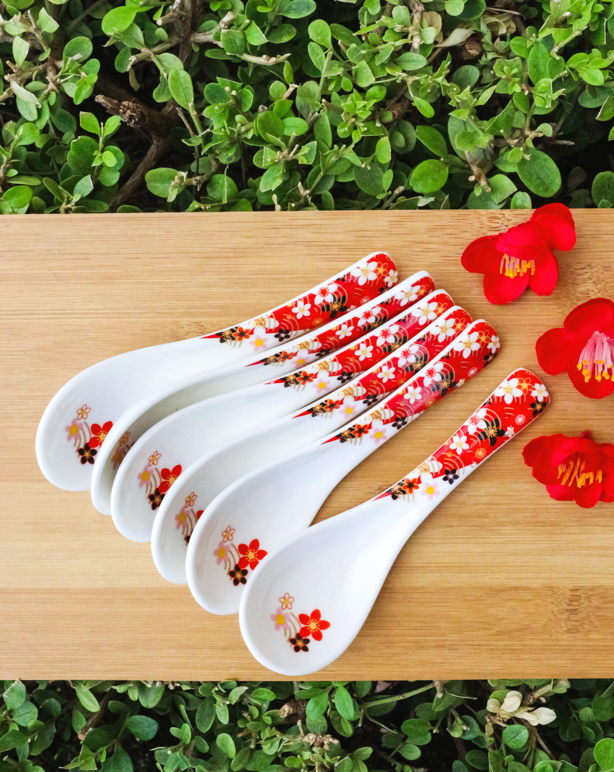 Set of 6 Sakura Cherry Blossoms Porcelain Asian Soup Spoons Japanese Ramen Pho
