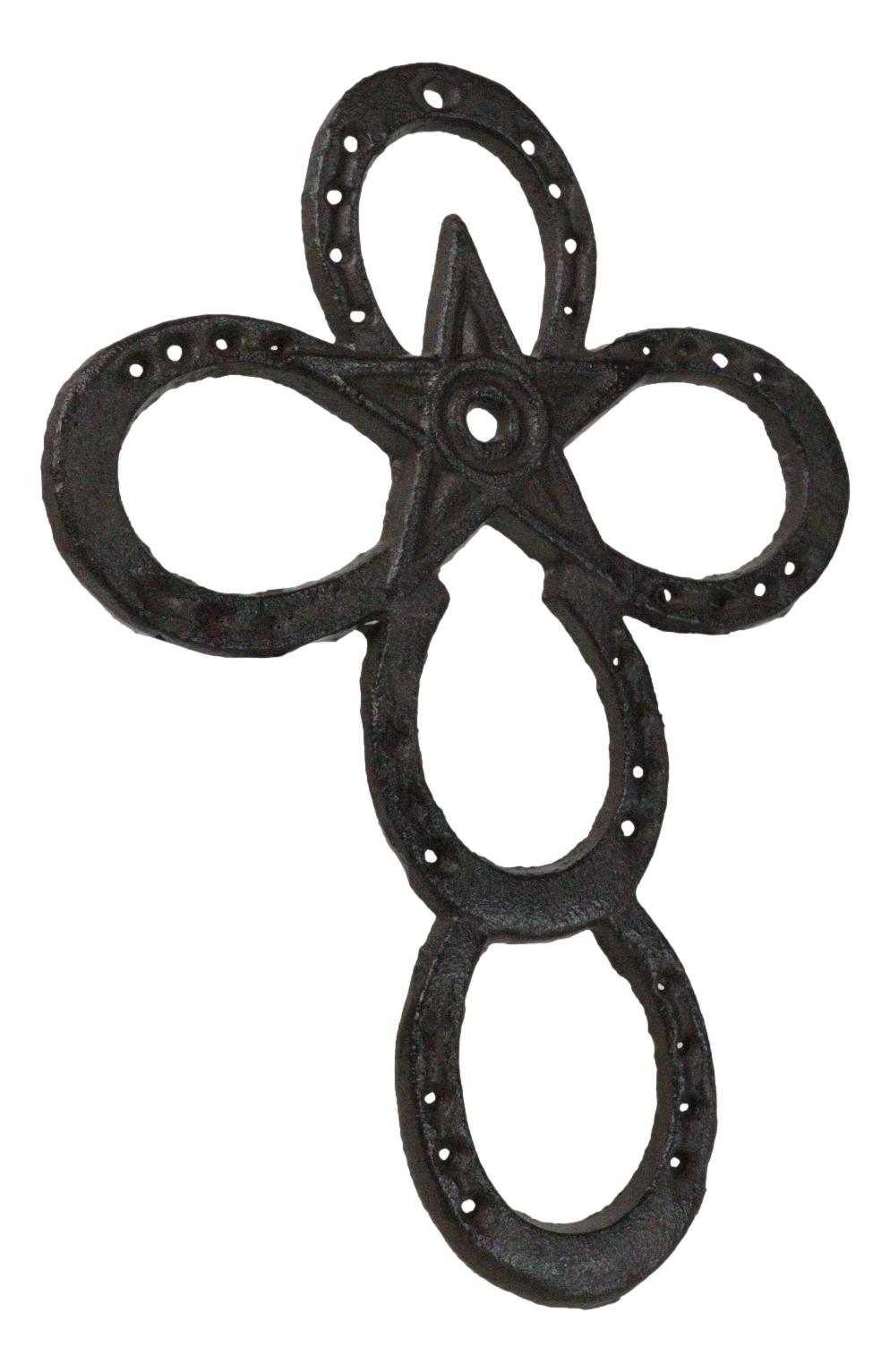 Set Of 2 Cast Iron Rustic Western Horseshoes And Lone Star Christian Wall Cross - Ebros Gift