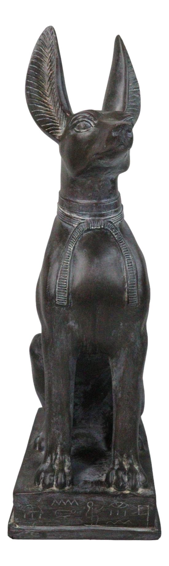 Ancient Egyptian Sitting Anubis in Jackal Dog Statue With Hieroglyphs Base 14"H