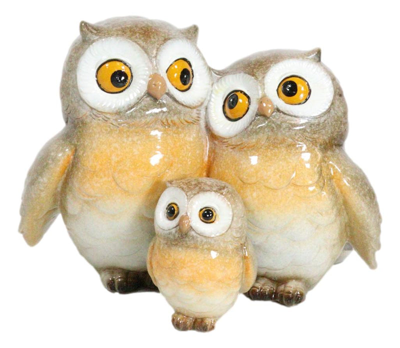 Forest Whimsical Mother Father Owls And Baby Owlet Family Trio Figurine