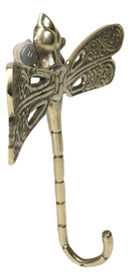 Set Of 2 Polished Brass Dragonfly With Scrollwork Filigree Wings Wall Hooks