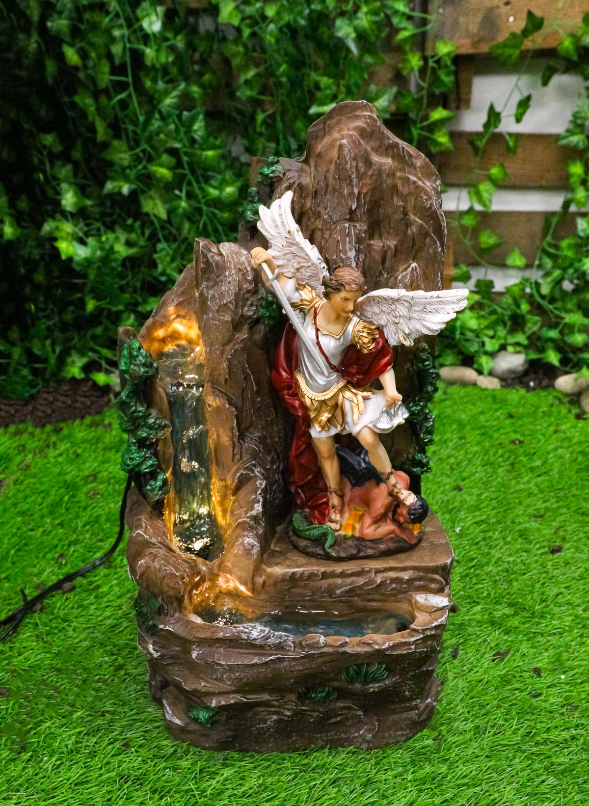 Catholic Archangel Saint Michael Our Protector Water Fall Fountain Statue 16"H