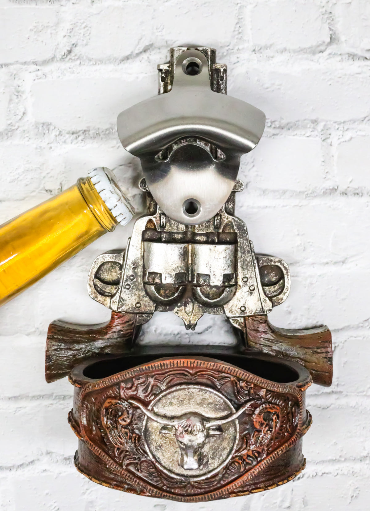 Western Cowboy 2 Gun Pistols Silver Texas Longhorn Concho Wall Bottle Cap Opener