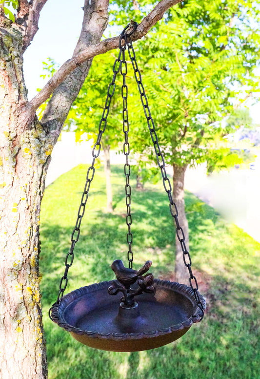 Cast Iron Love Bird On Branch Sunflower Basin Hanging Garden Bird Bath Feeder