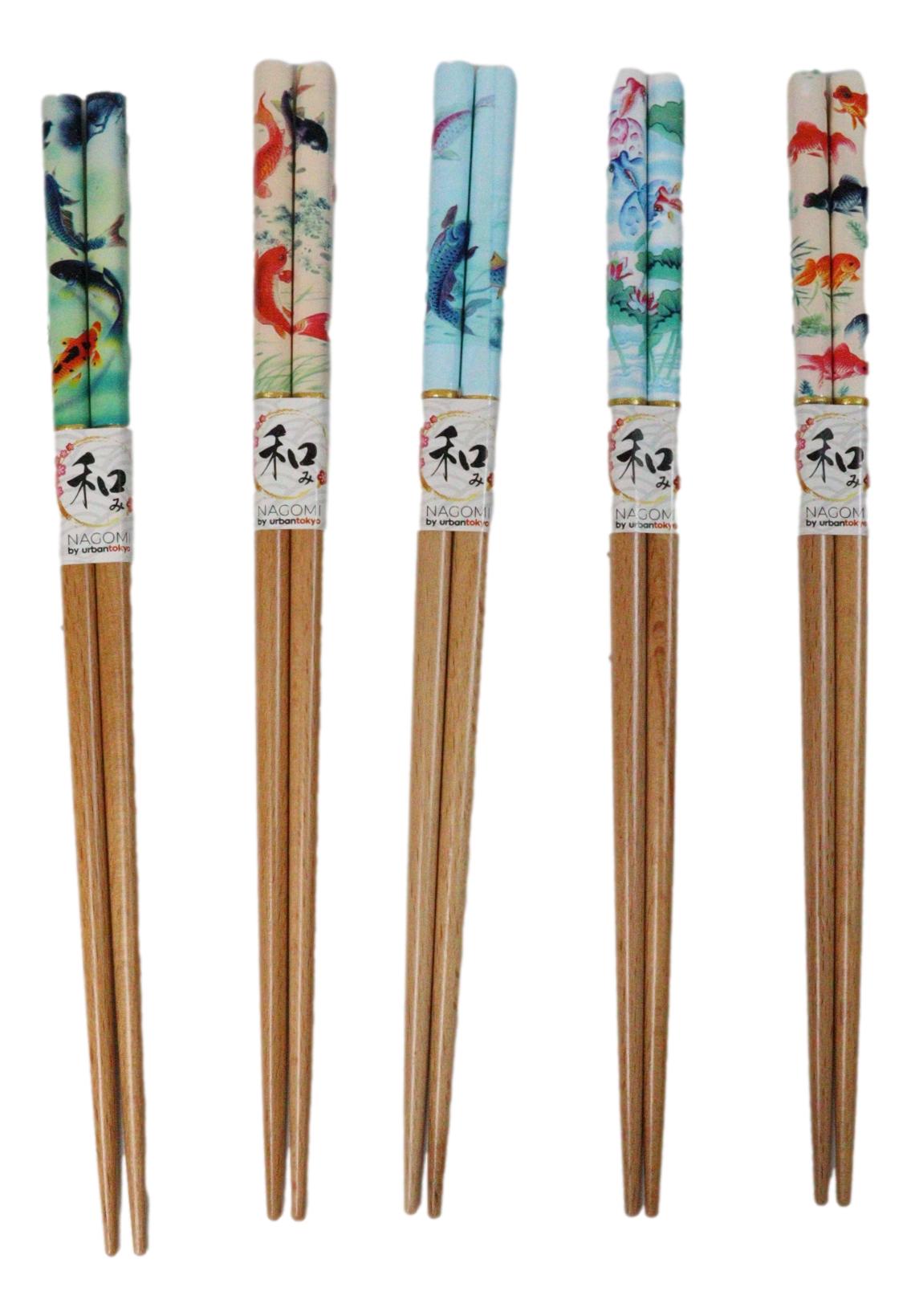 5 Pairs Of Koi Fishes In Pond Buttons Ceramic Rests With Wooden Chopsticks Set