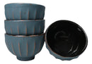 Blue Gold Ridged Lines Japanese Tetsubin Style Cast Iron Tea Cups Set of 4