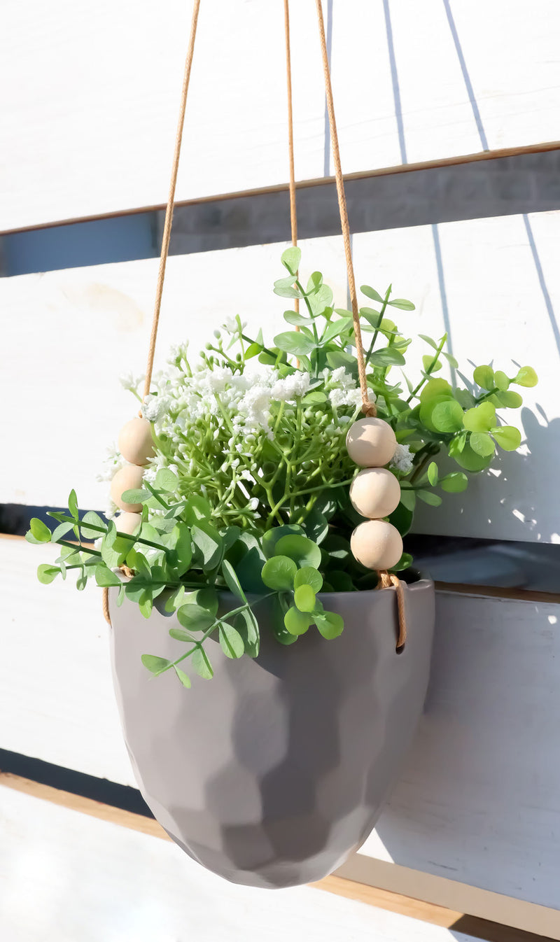 oval indoor plant pots Contemporary Ribbed Ceramic Grey Oval Hanging Planter Pot With Beaded – Ebros Gift