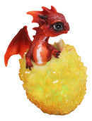 Whimsical Cute Red Baby Dragon Hatchling in Crystal Icicle Golden Egg Figurine