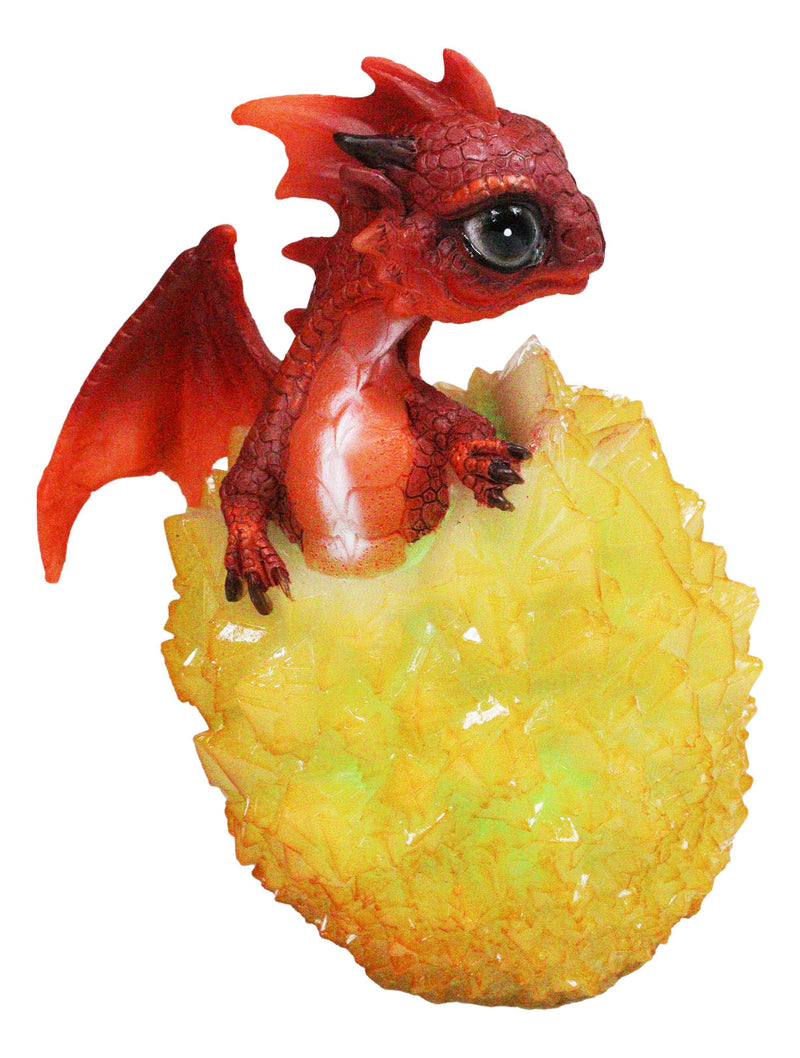 Whimsical Cute Red Baby Dragon Hatchling in Crystal Icicle Golden Egg Figurine
