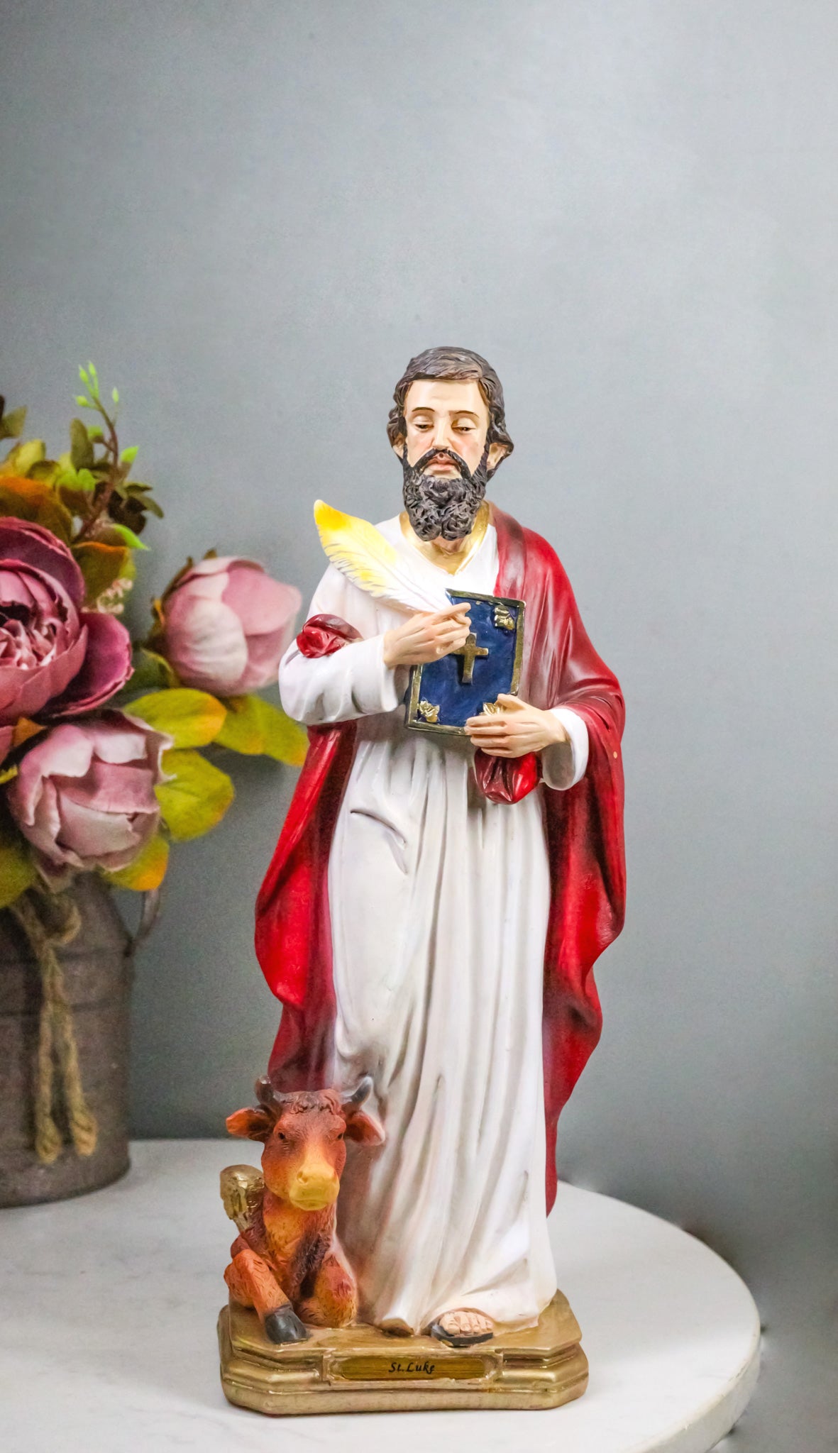 Christian Apostle Of Jesus Saint Luke The Evangelist With Ox Figurine 8"H