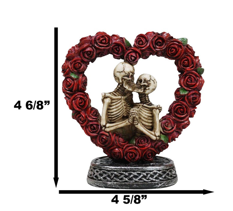 Love Never Dies Roses On Heart Wreath Kissing Skeleton Couple Bronzed Figurine