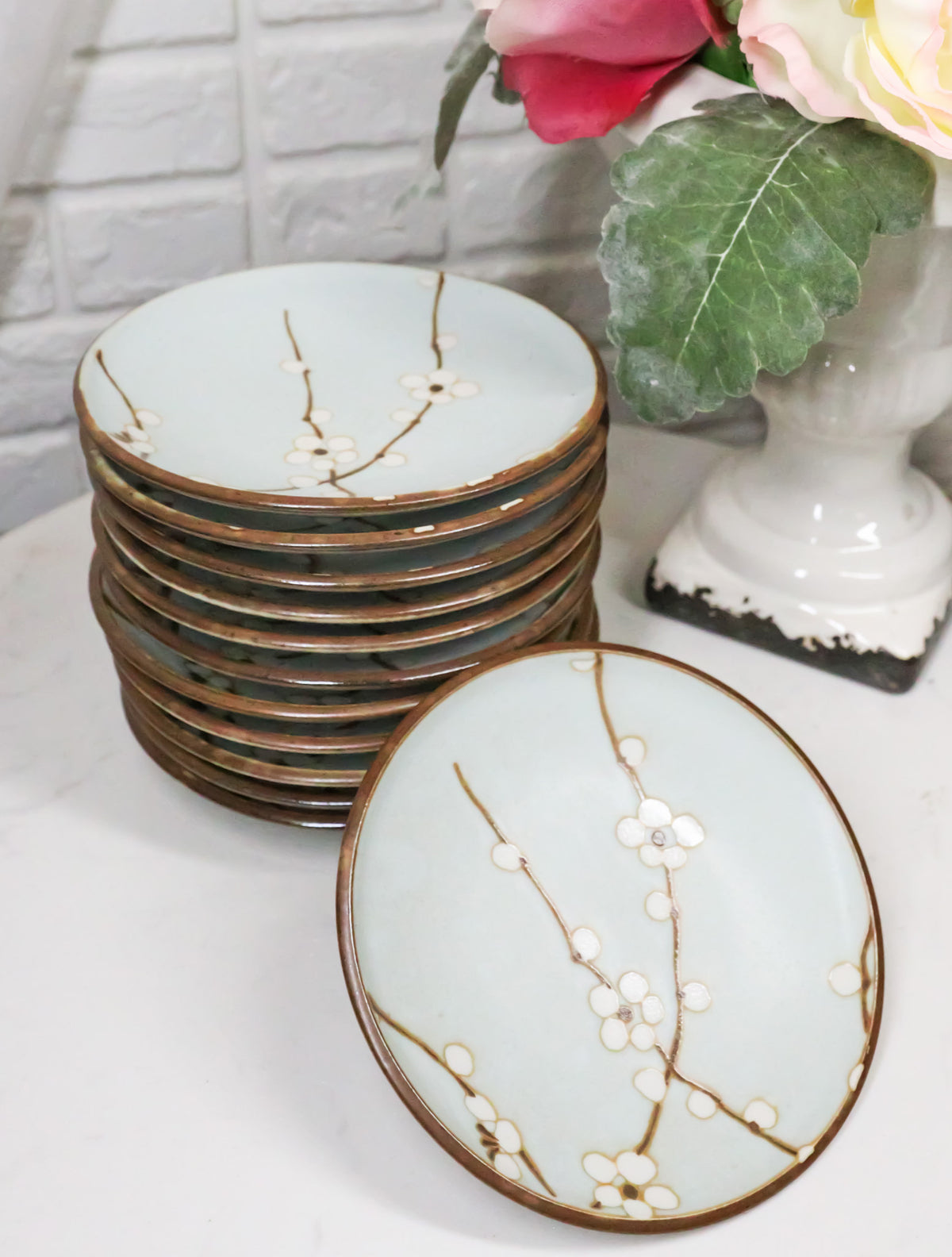 Set Of 12 Sakura Cherry Blossoms Japanese Porcelain Appetizer Dessert Plates
