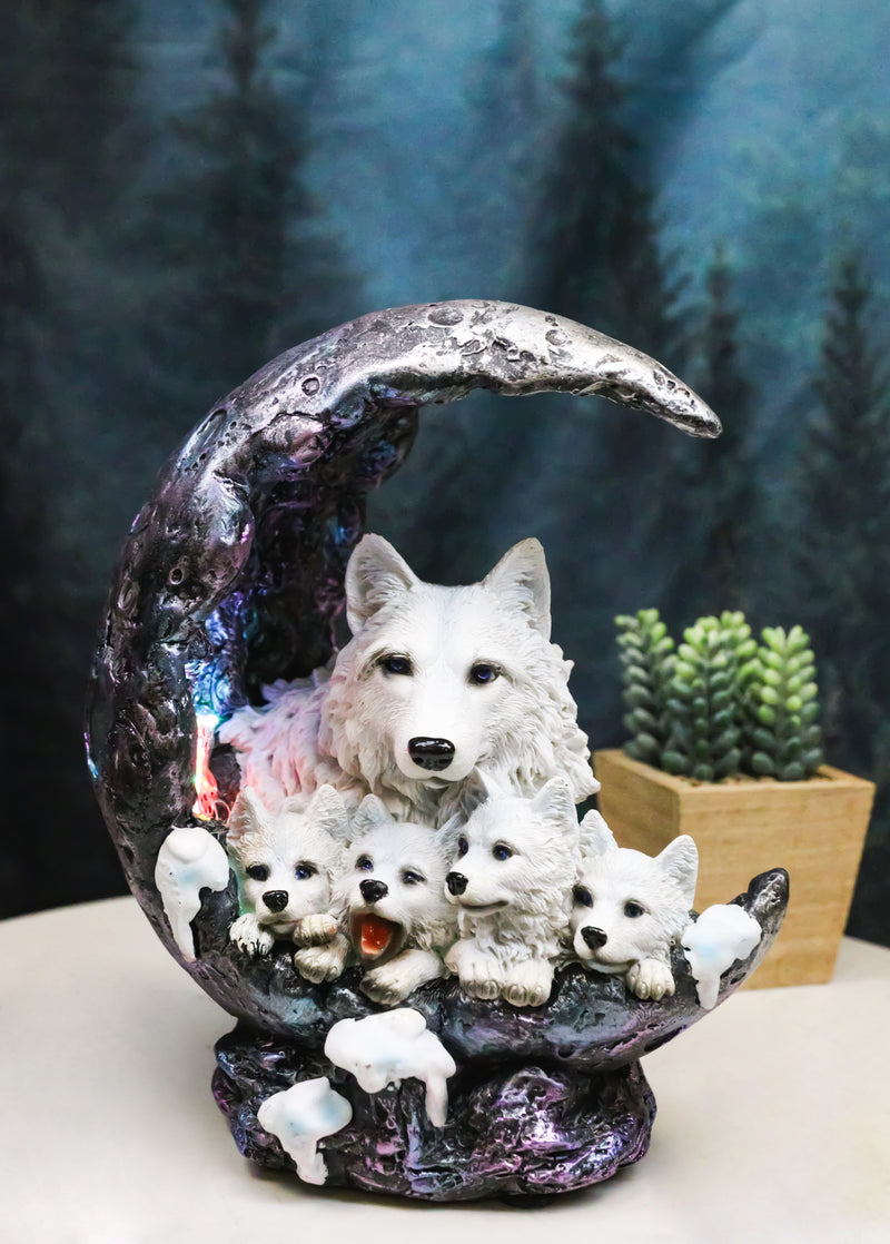 Snow White Wolf Mother With 4 Pups On LED Light Crater Crescent Moon Figurine