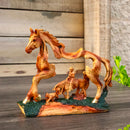 Rustic Western Running Horse Faux Wood Sculpture with Cowboy Riding Bronco
