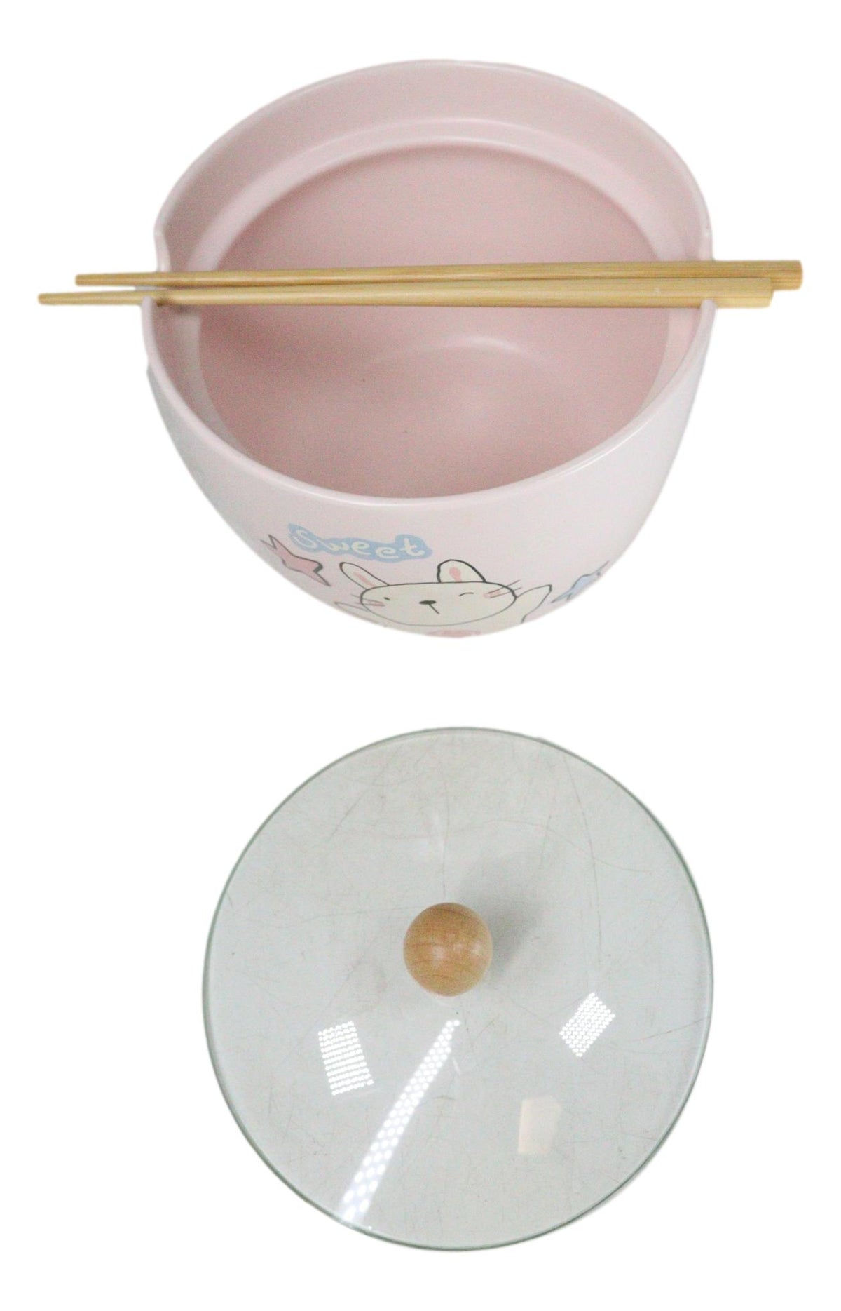 Whimsical Anime Sweet Rabbit Donburi Ramen Soup Bowl With Chopsticks And Lid