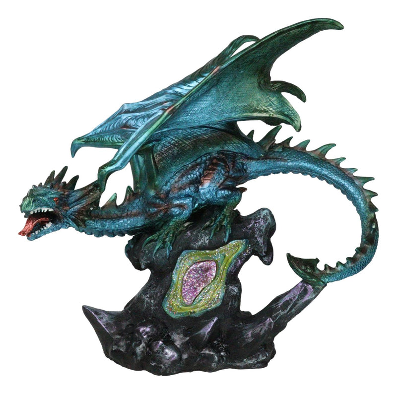 Large Aquamarine Iridescent Dragon Guarding LED Faux Crystal Geode Rock Figurine