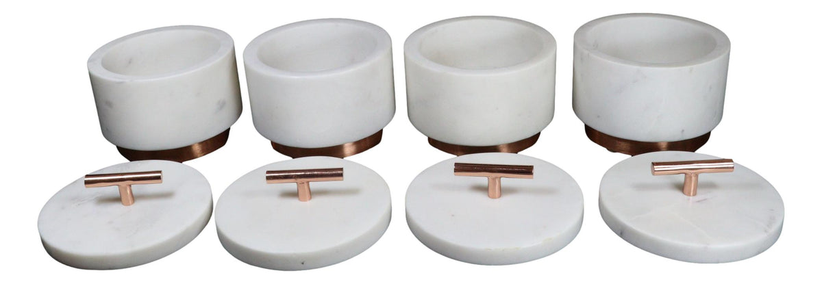 Set Of 4 Marble And Copper Hardware Round Canister Container Storage Jars W/ Lid